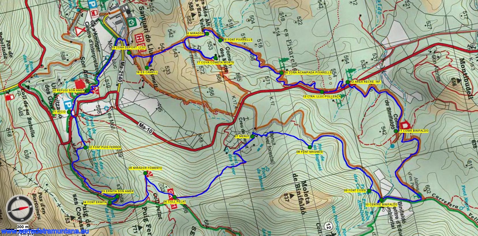 Recorte del mapa de Alpina con la ruta de las fuentes, la del sábado