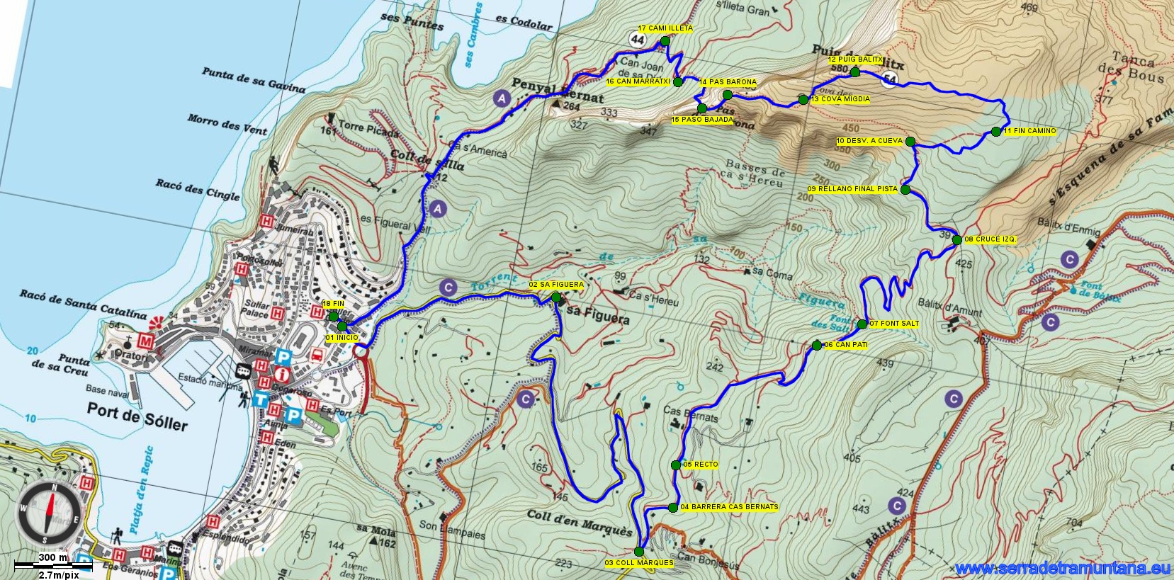 Recorte del Mapa Alpina con el trazado de la ruta y los puntos de referencia más importantes