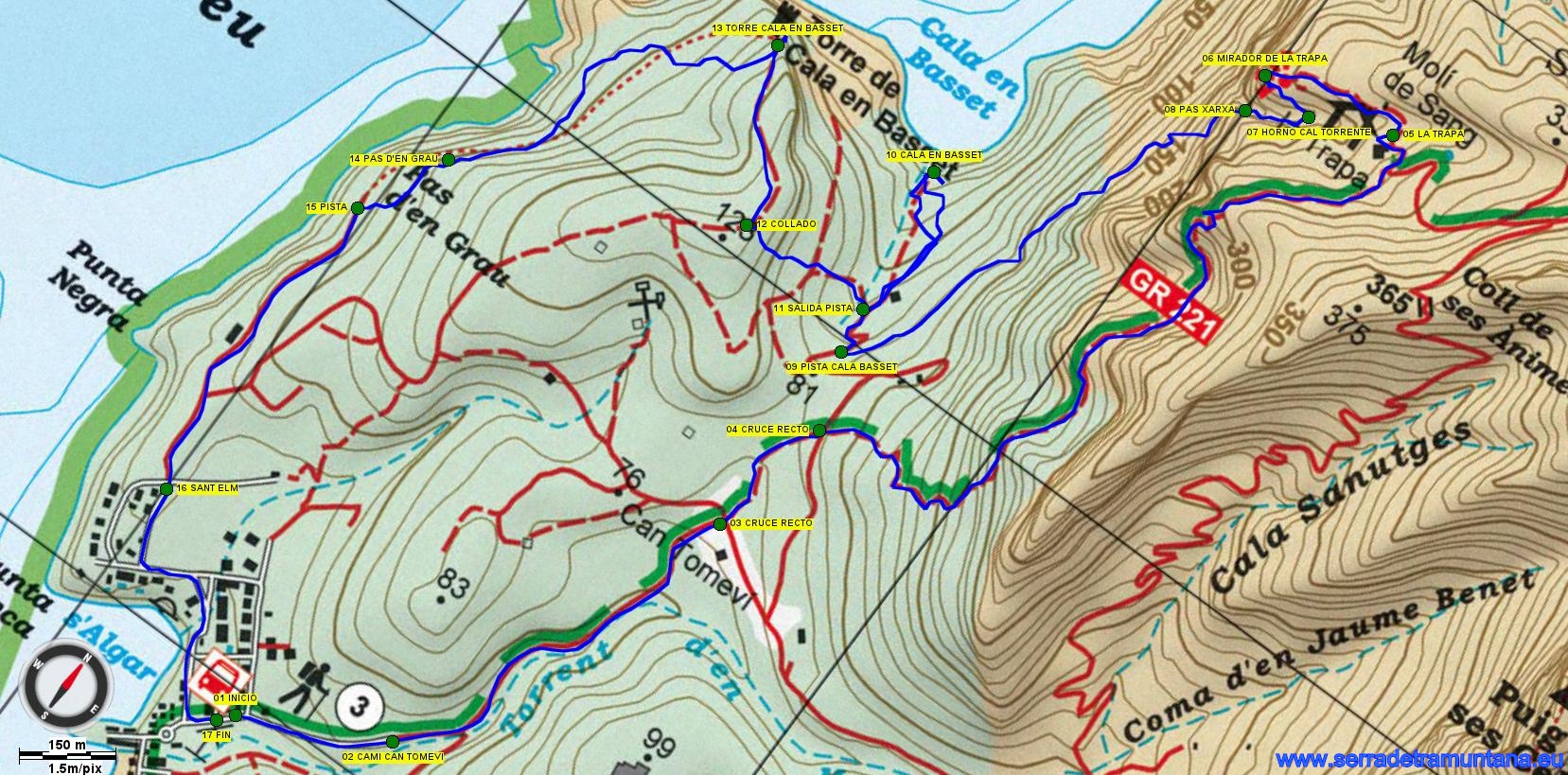 Recorte del Mapa Alpina con el trazado de la ruta y los puntos de referencia más importantes
