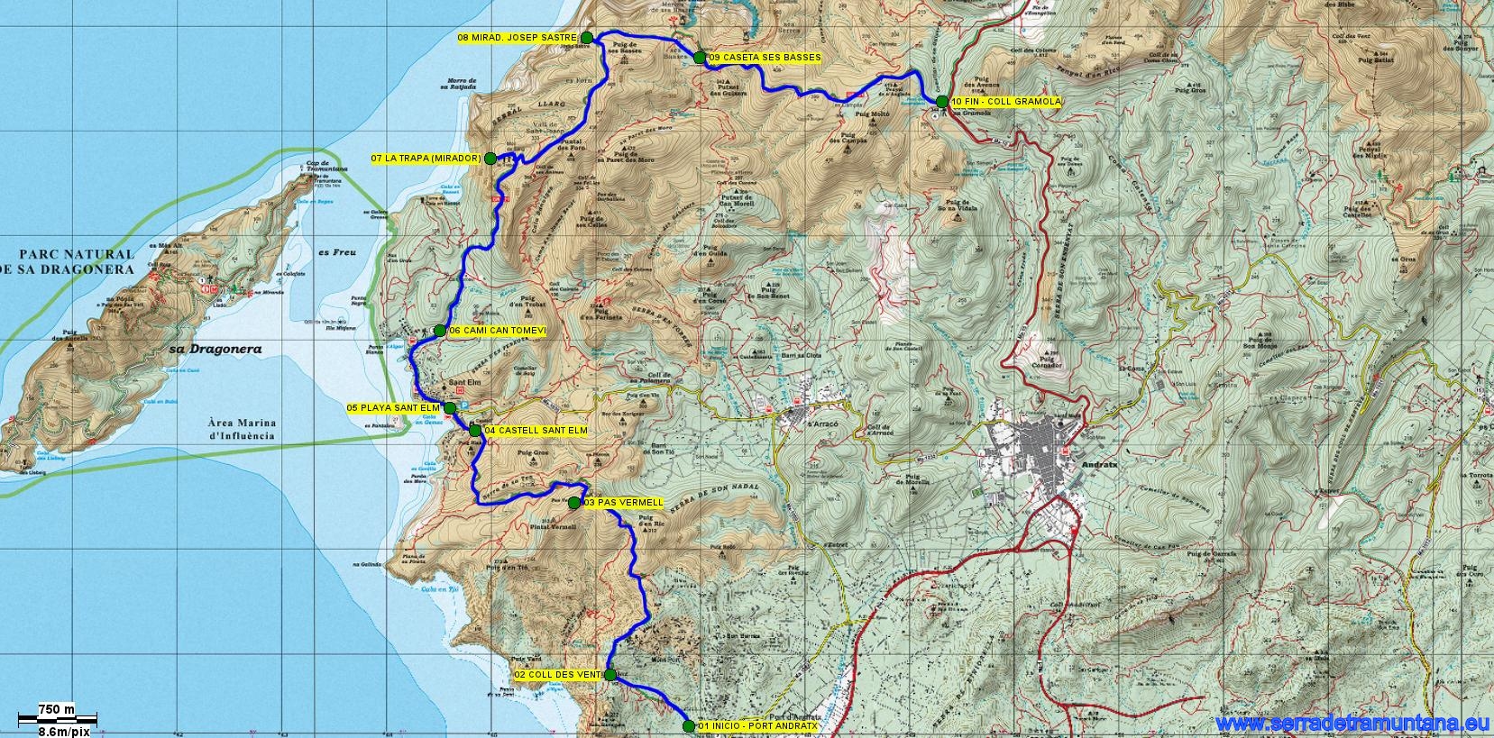 Recorte del Mapa de Alpina con el trazado de la ruta y los puntos de referencia más importantes