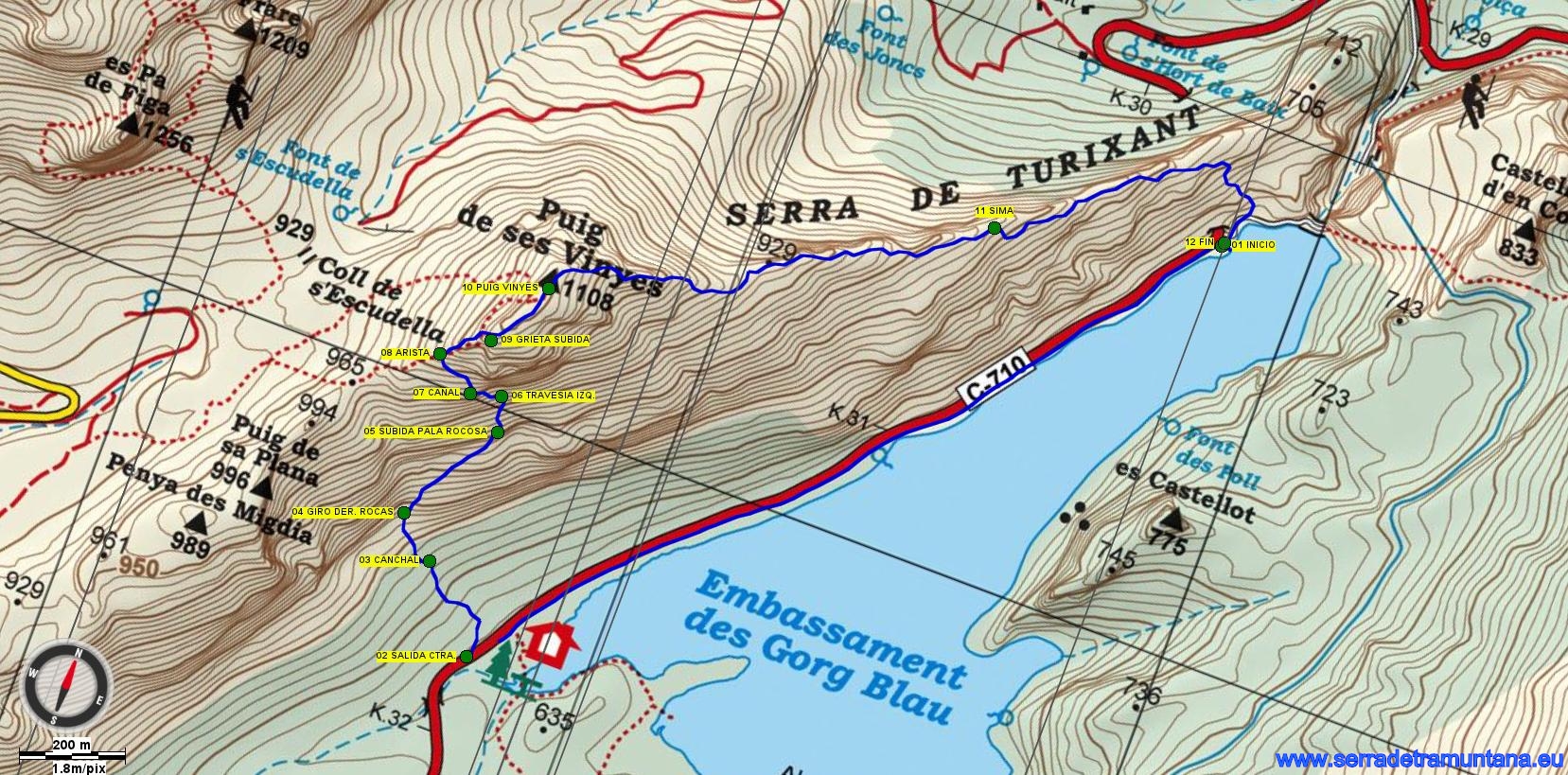 Recorte del Mapa Alpina de la zona con la ruta y los puntos de referencia más importantes