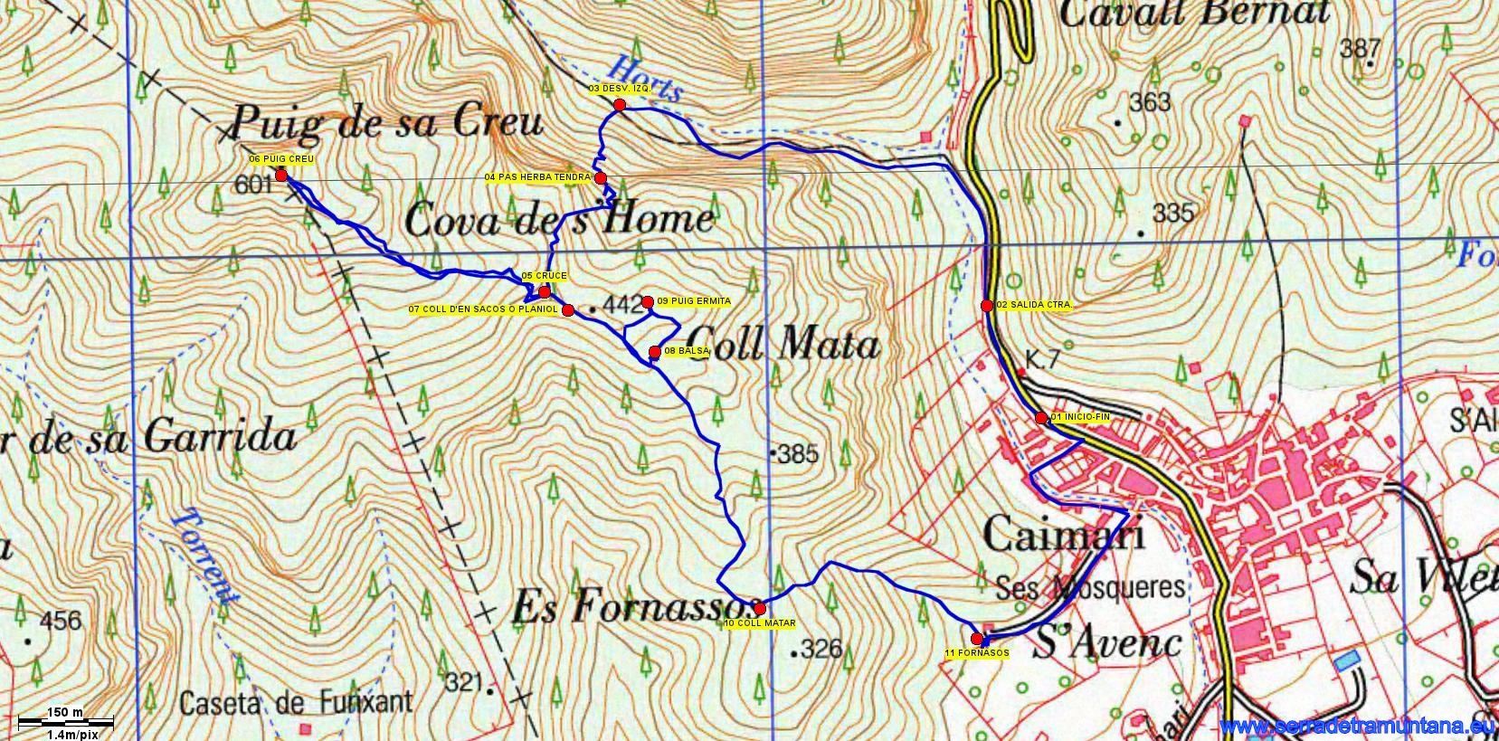 Recorte del mapa del IGN 671 de Inca con la traza de la ruta realizada y los puntos de referencia más importantes