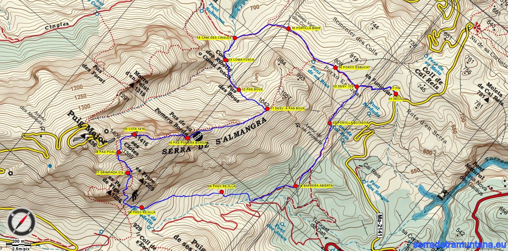Recorte del mapa de Alpina con la ruta realizada y los puntos de interés